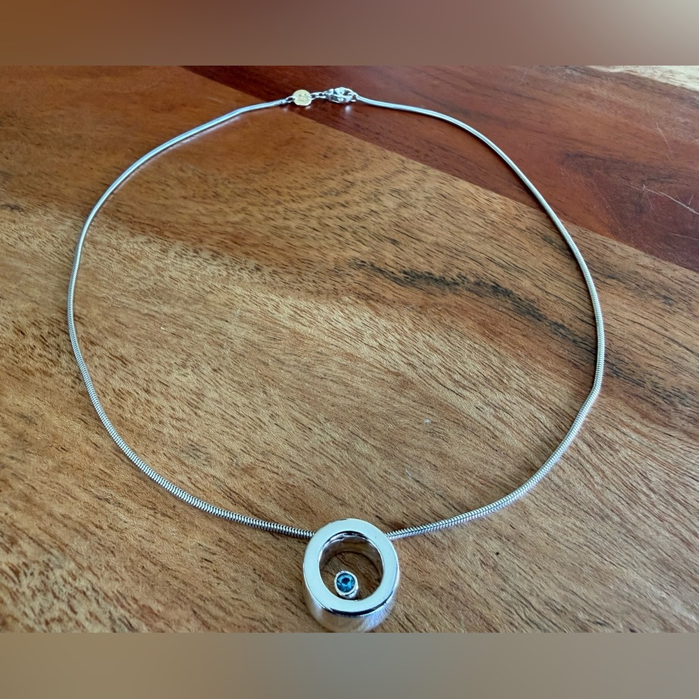 Movado 925 Silver Blue Topaz 3D Circle Pendant 750/18K Tag Snake Chain Necklace